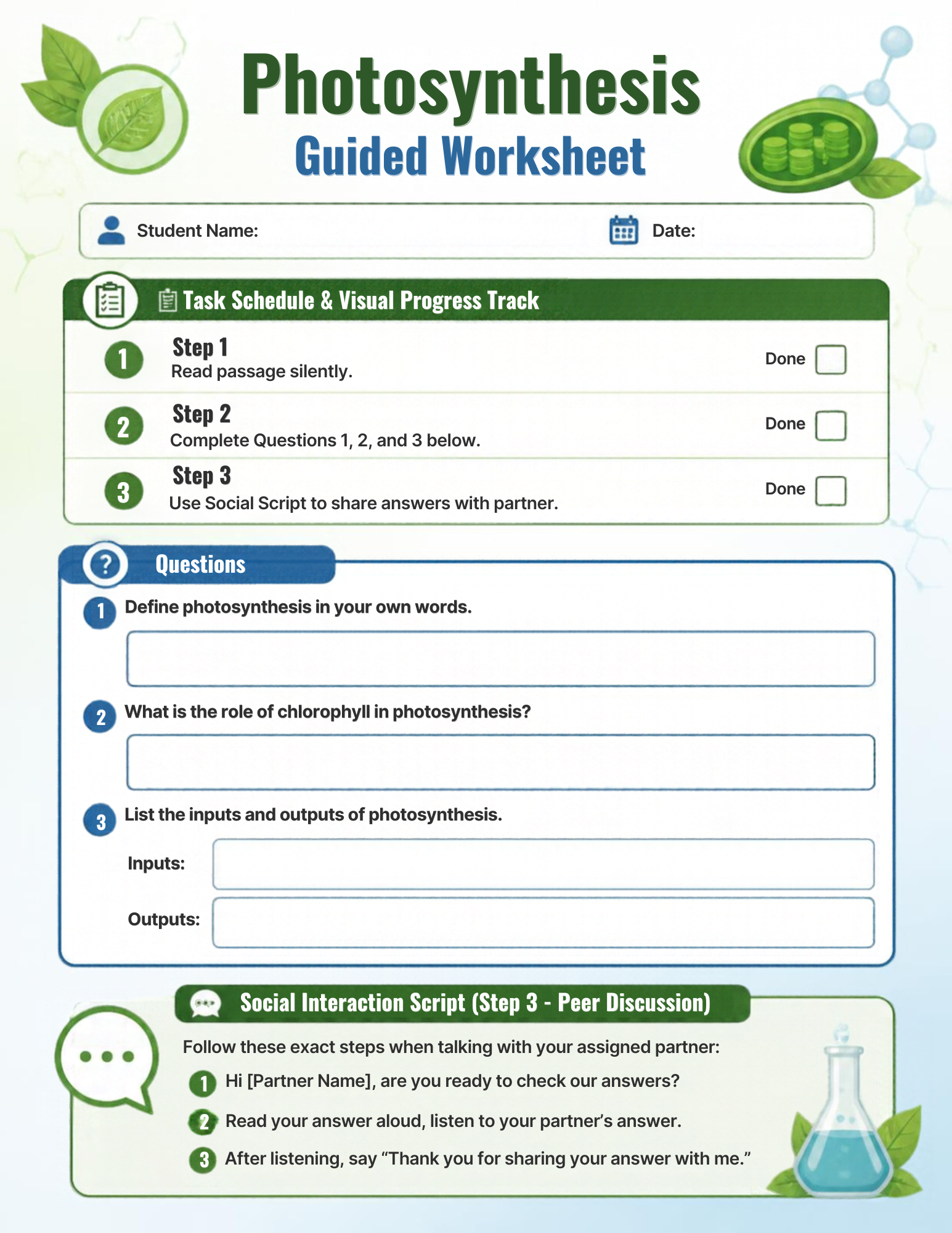 Ready to Print Differentiated Science Worksheet - Structured Routine and Peer Interaction