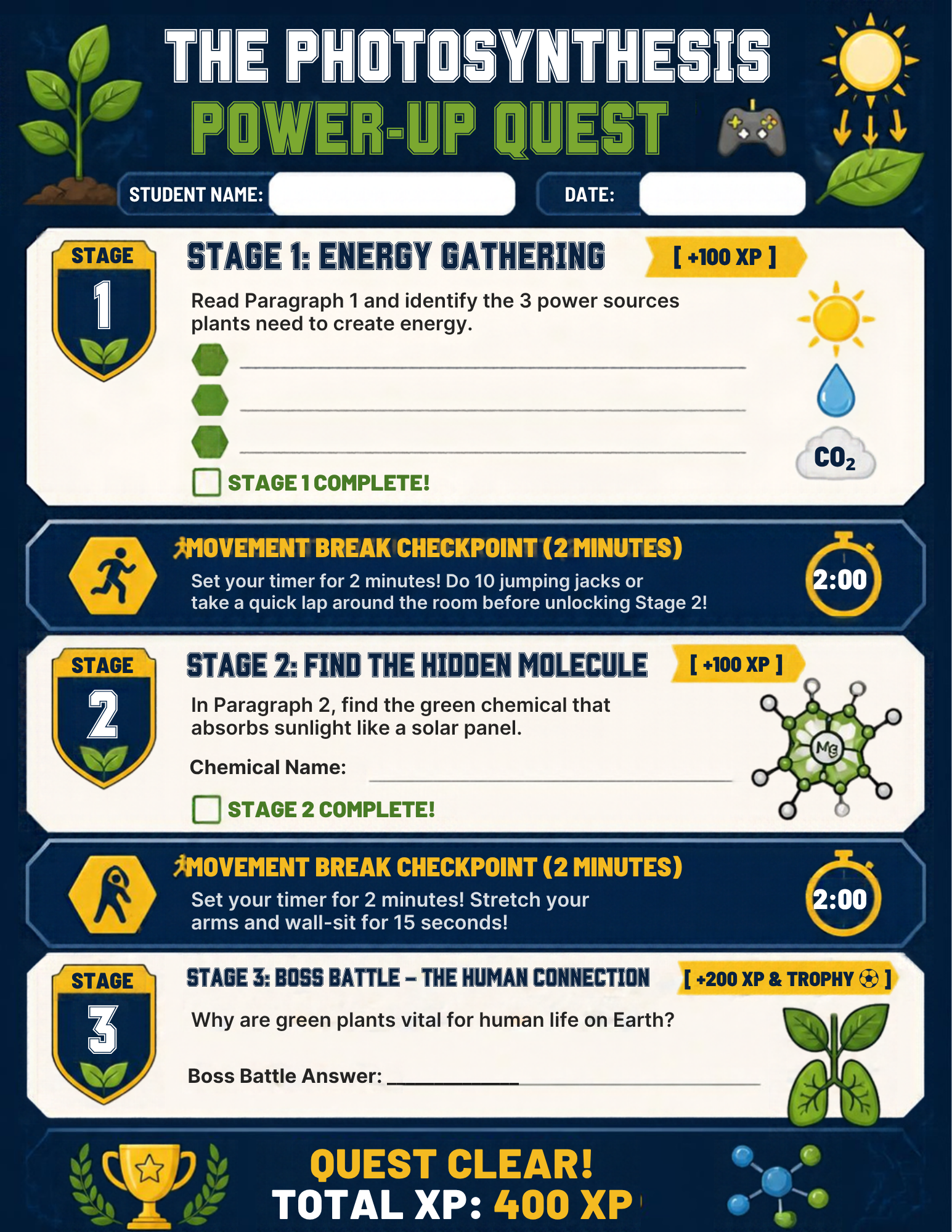 Ready to Print Differentiated Science Worksheet - Gamified Movement & Mission Quest